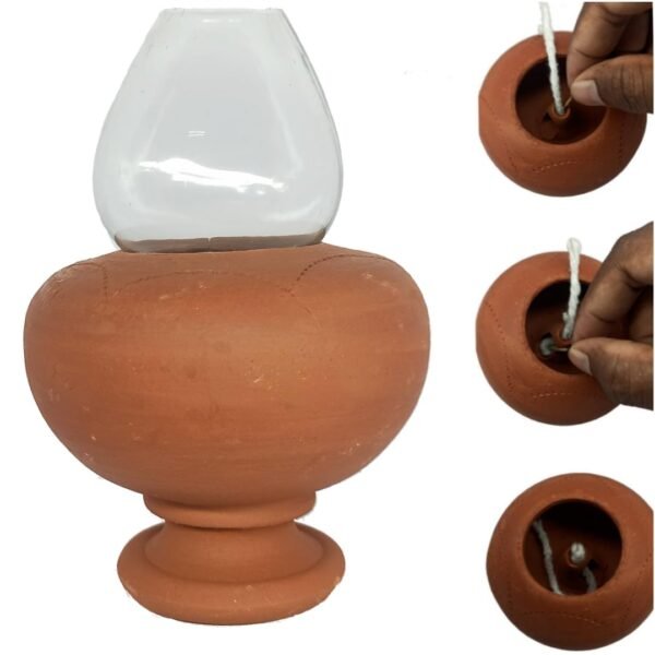 Handmade Natural Terracotta Clay Glass Cover Oil Lamp 1 PC. - Image 2